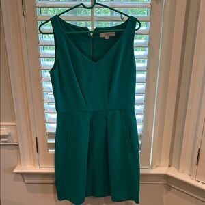 LOFT Green Fit and Flare Mini Dress Sleeveless V-Neck